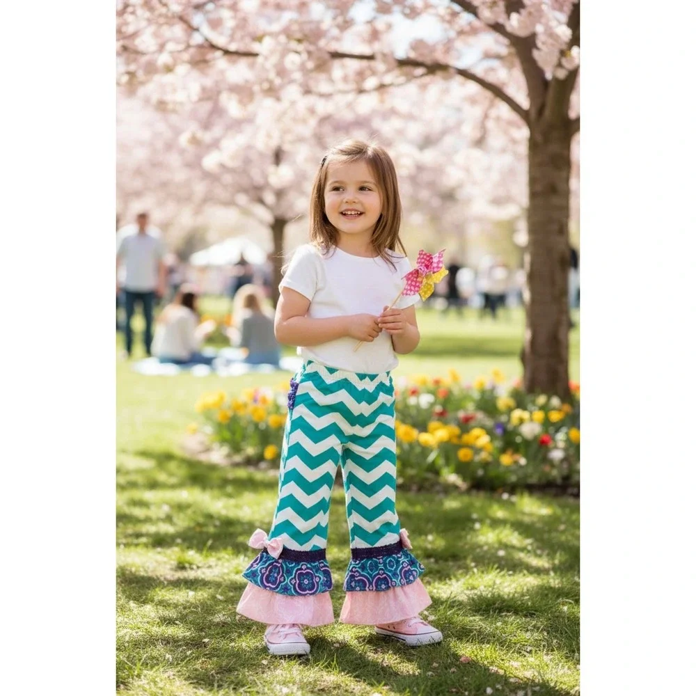 RuffleButts Girls' Chevron Ruffle Flare Pants Size 4T spring bright‎ preppy NWT